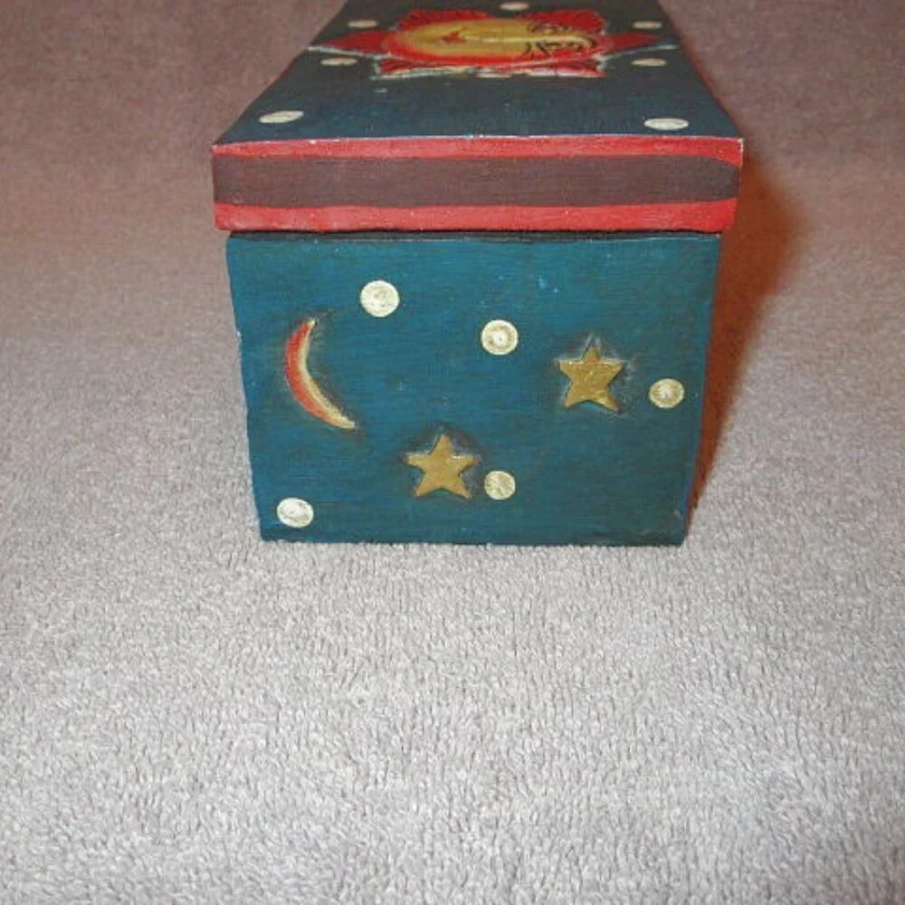 Vtg Celestial Moon & Sun Wood Stash Box 3D Astral Stars Cosmic Painted Lunar 70s